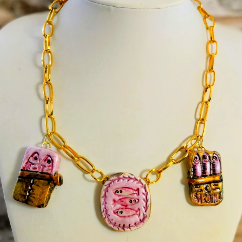 Handpainted Pink Sardines In A Can in Rustic Antique Style Necklace